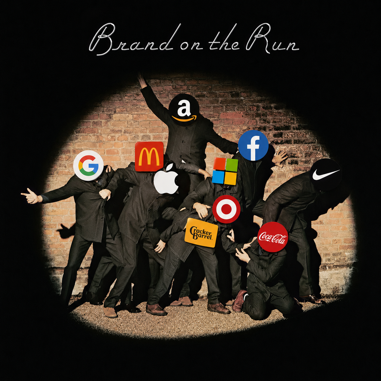 A rock-band-style portrait with brand logos in a stage spotlight