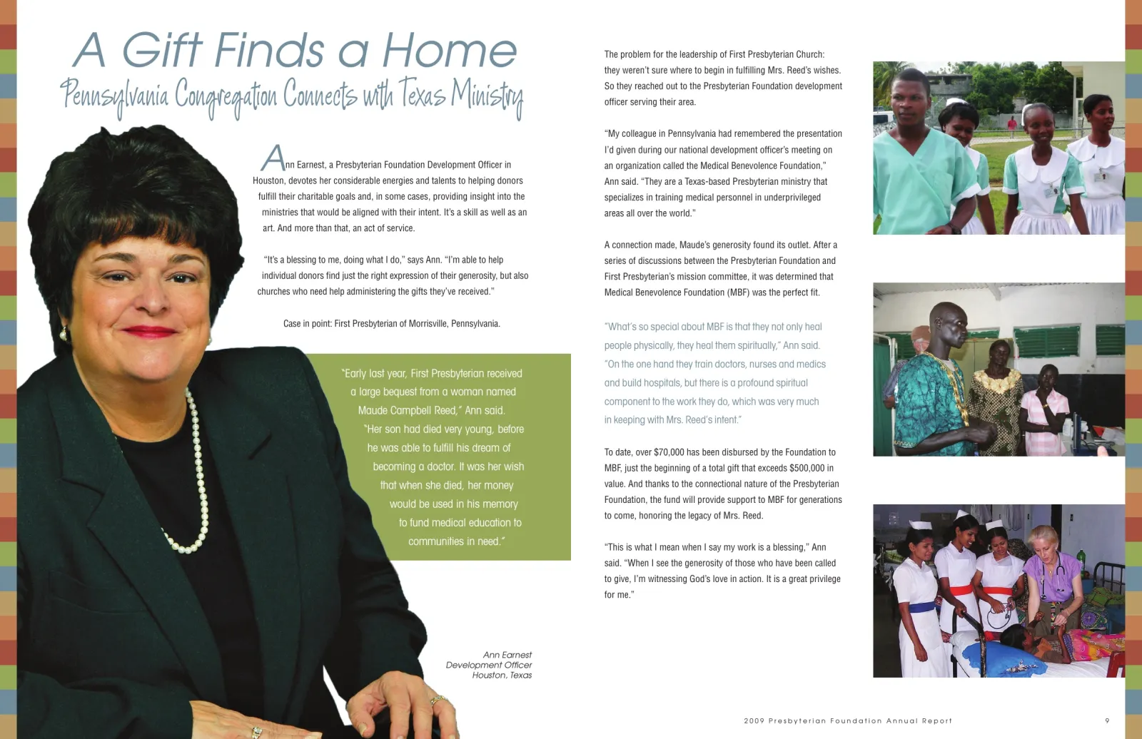 Annual report spread: A Gift Finds a Home — Pennsylvania Congregation Connects with Texas Ministry.