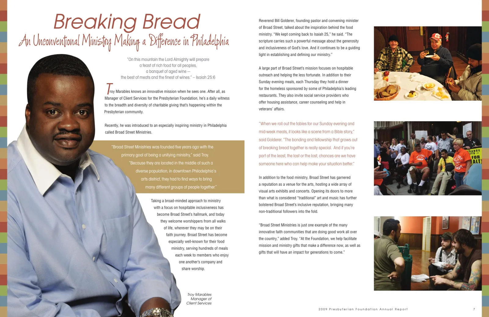 Annual report spread: Breaking Bread — An Unconventional Ministry Making a Difference in Philadelphia.