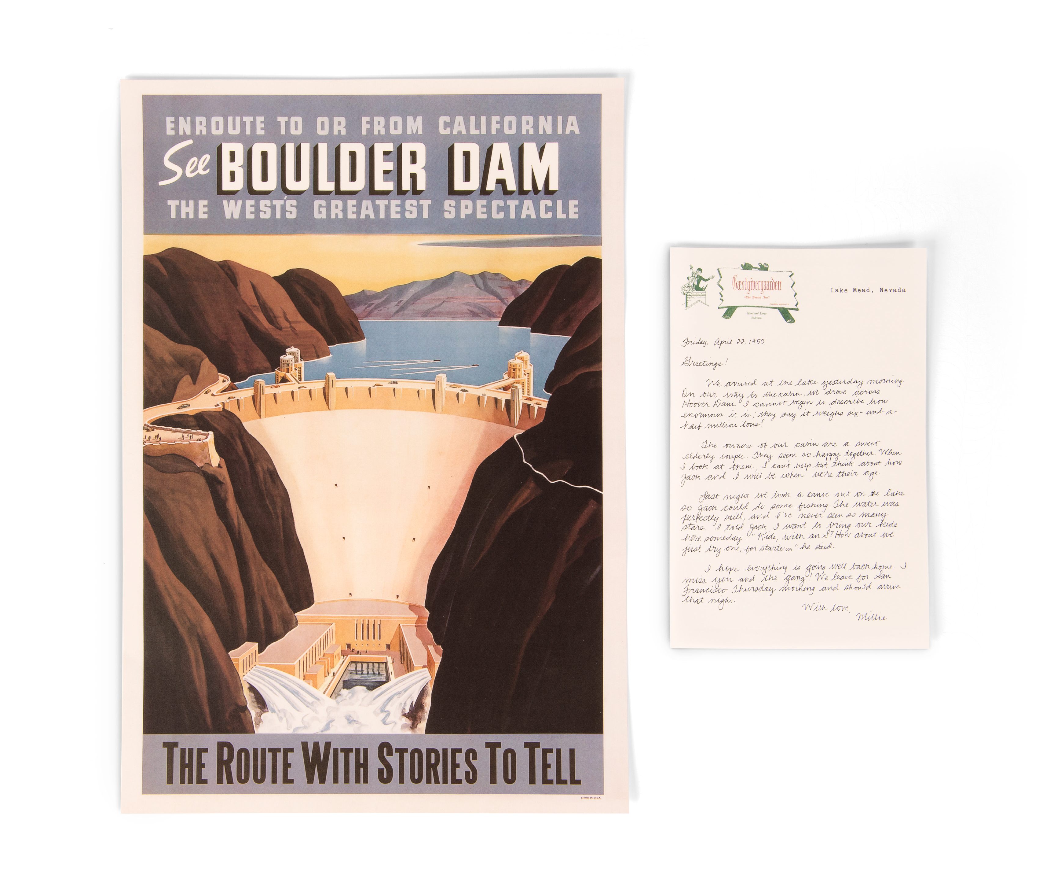 Boulder Dam travel poster and Millie's Lake Mead letter, April 22, 1955.