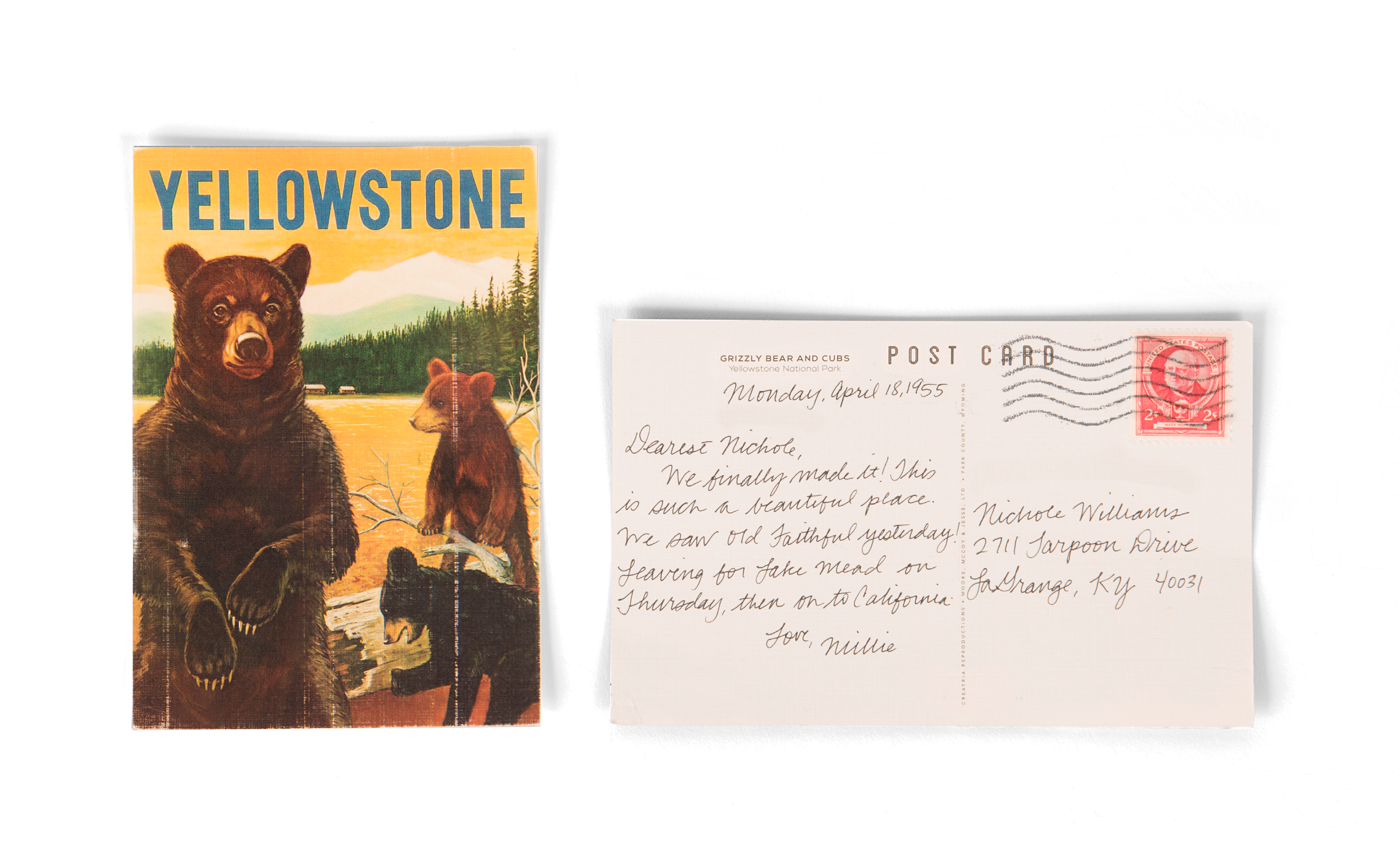 Millie's Yellowstone postcard to Nichole, April 18, 1955.