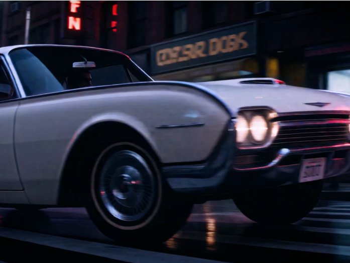 1961 Ford Thunderbird in a neon-lit cityscape