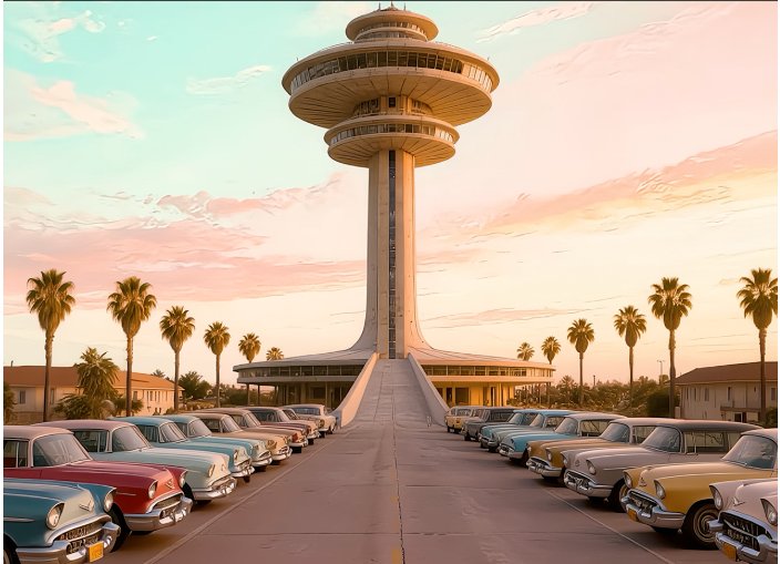 Space elevator tower over a mid-century parking lot